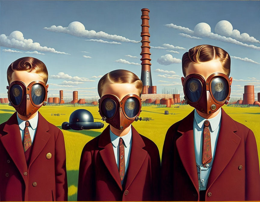 Three figures in suits and gas masks near industrial smokestacks under clear sky
