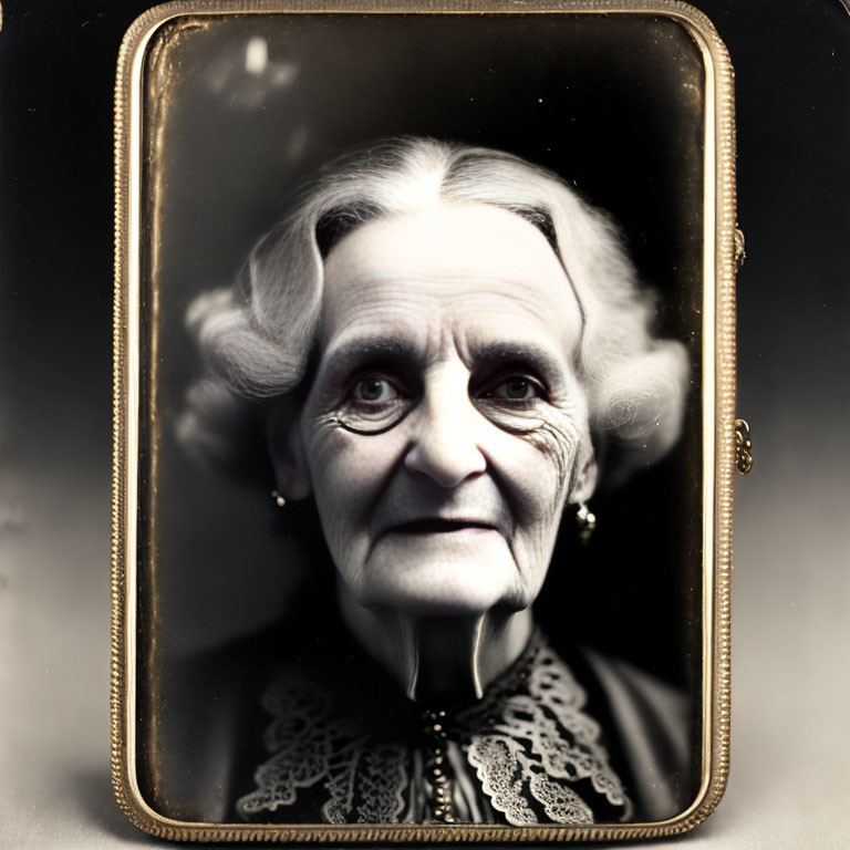 Monochrome vintage portrait of elderly woman with gentle smile in ornate oval frame