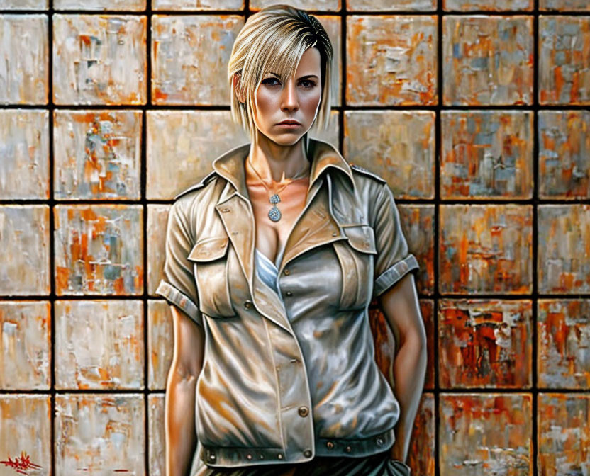 Blonde Woman in Beige Shirt Against Rusty Tiled Wall