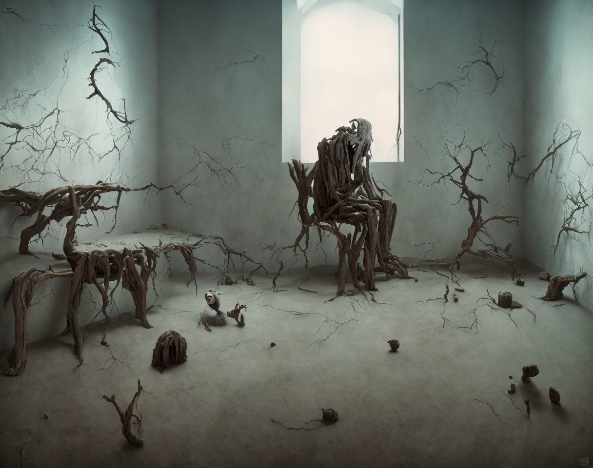 Surreal room with tree branch sculptures as furniture in dimly lit space