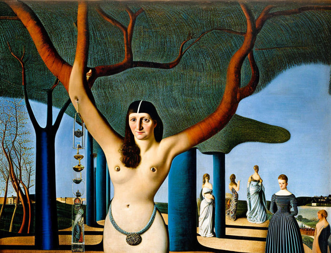 Surrealist painting of nude female figure with tree branch and classical figures by the sea