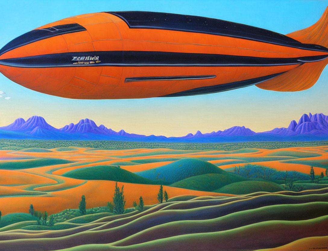 Futuristic orange airship over rolling countryside with blue mountains