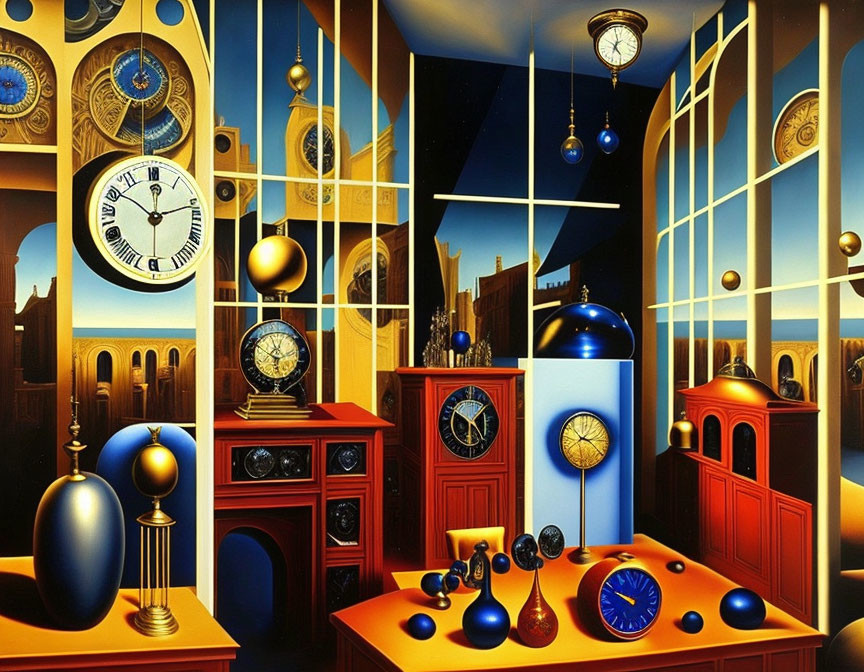 Surreal room with clocks and timepieces against twilight skyline