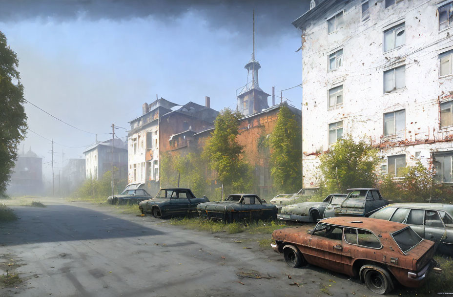 Desolate urban street with decaying buildings and rusty cars in foggy setting