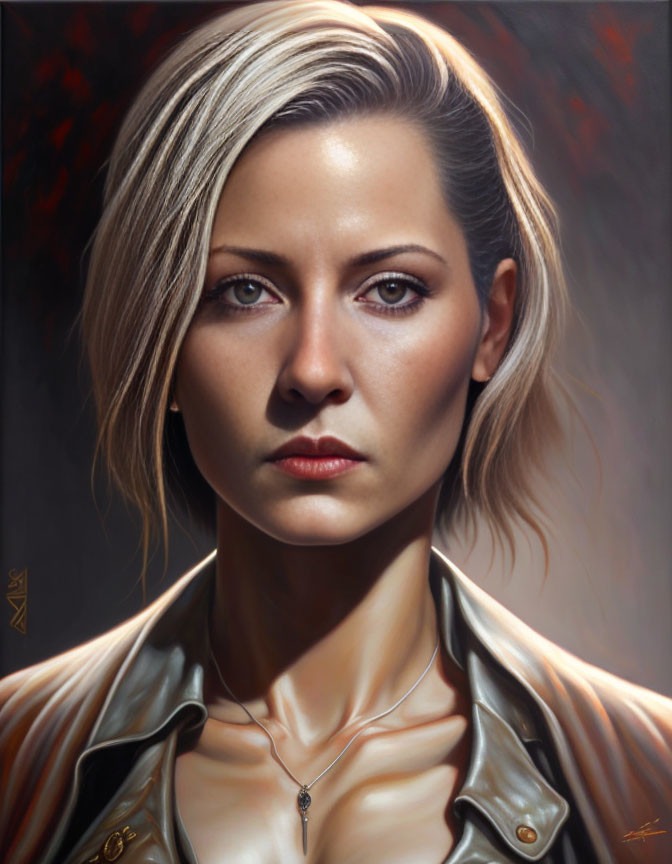 Hyper-realistic portrait of woman with short blond hair in leather jacket on dark textured background