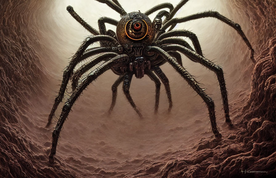 Detailed digital artwork: Menacing mechanical spider with glowing red eye in tunnel