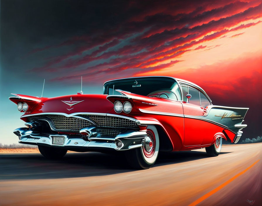 Vintage Red and White Car with Dramatic Tailfins on Road at Sunset