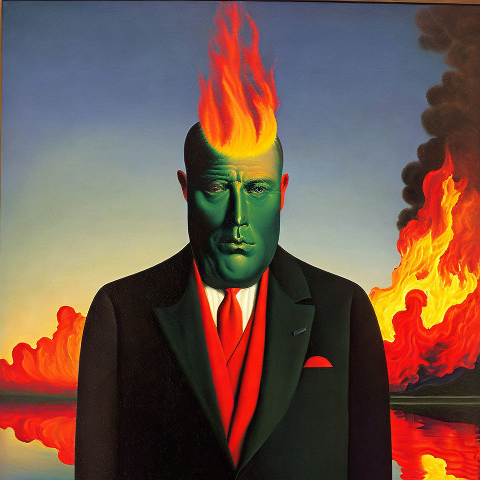 Surrealist painting: Man in suit with flaming head, sea backdrop.