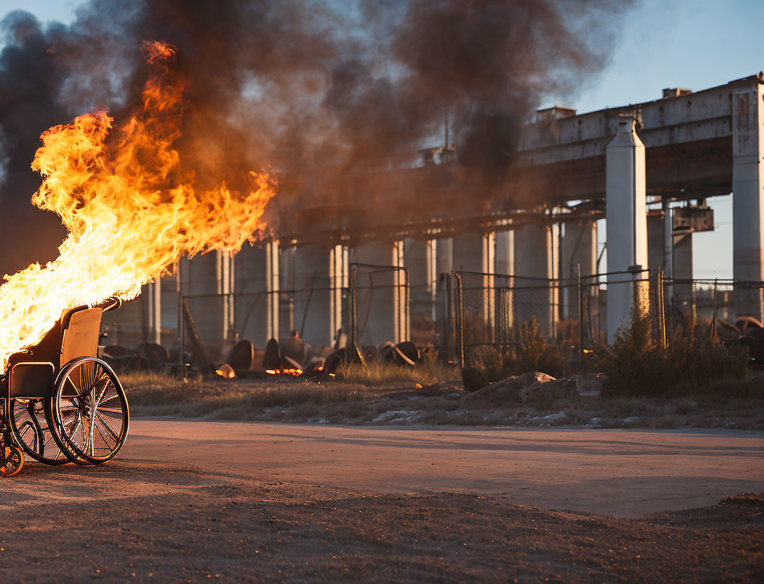 Flaming wheelchair in abandoned urban landscape