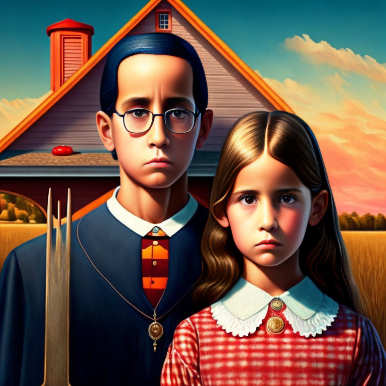 Surreal painting of two children by a farmhouse