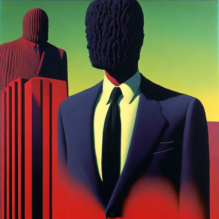 Stylized men in suits against vibrant abstract background