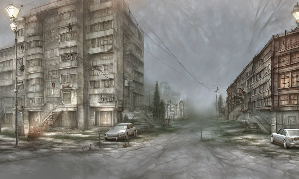 Decaying urban scene with abandoned buildings and cars