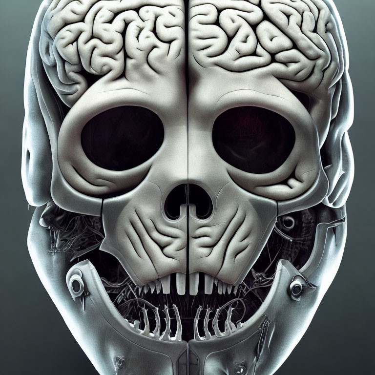 Digital artwork: Human skull with mechanical structure and visible brain, blending organic and robotic elements in grey palette