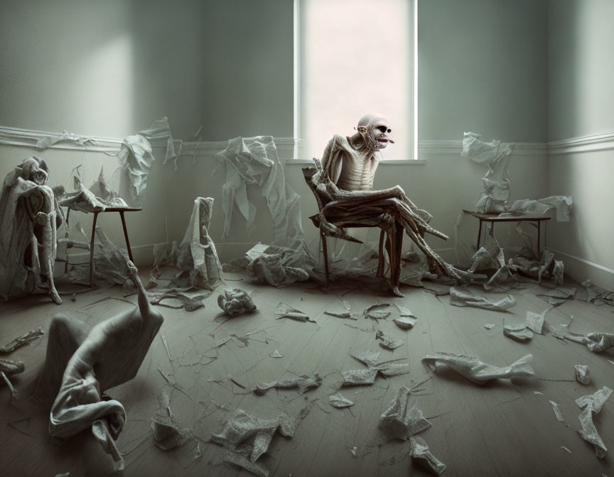 Surreal image of emaciated figures in a paper-filled room