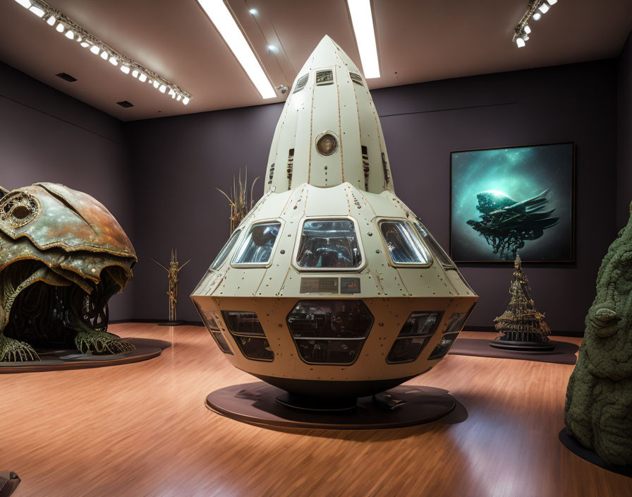 Gallery Display: Spacecraft Model, Alien Sculptures, Spaceship Painting