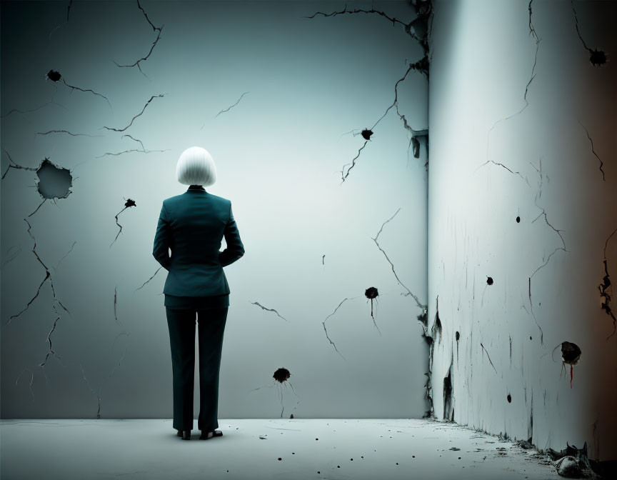 White Bob Haircut Person in Dark Suit Standing in Room with Cracked Walls