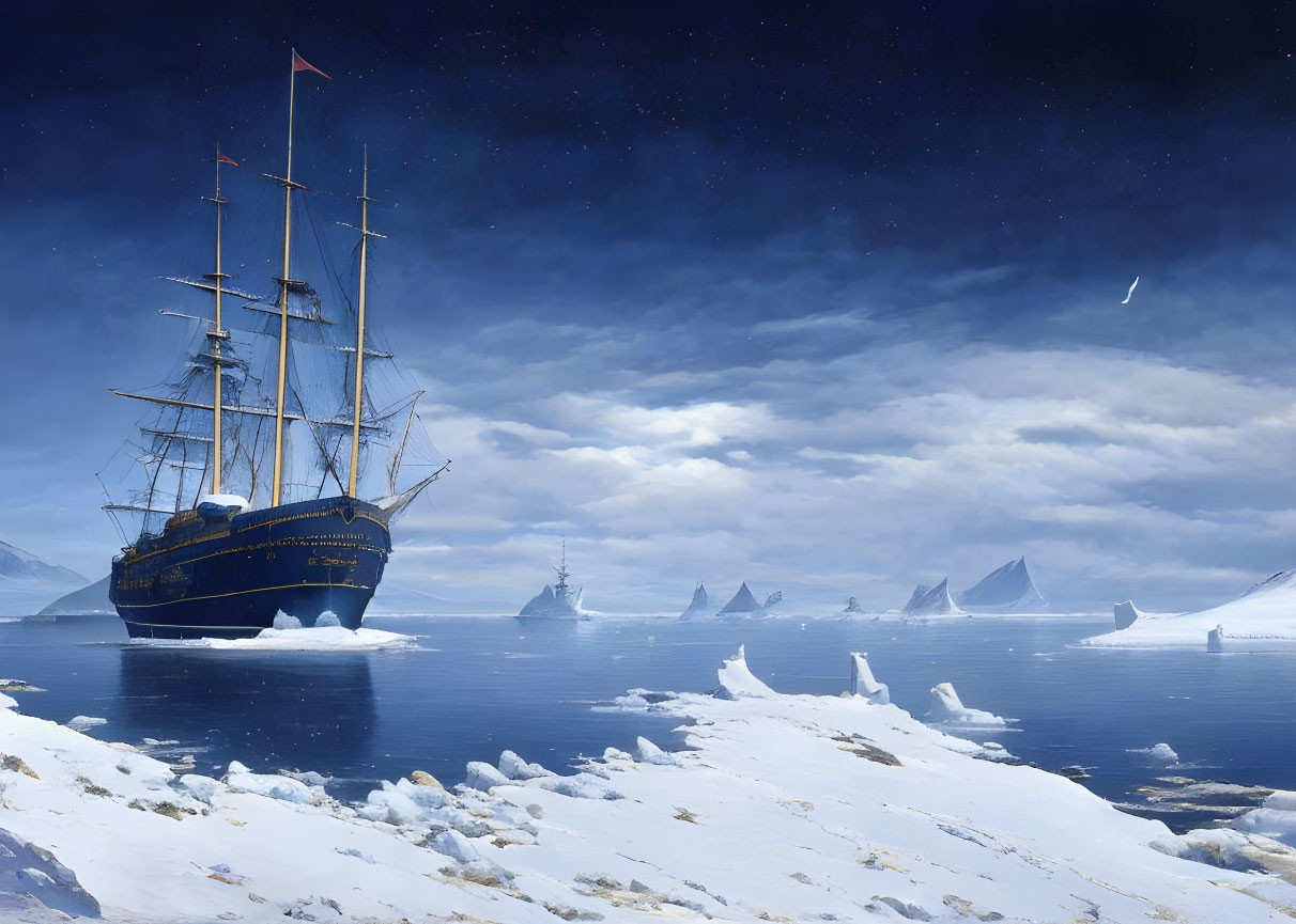 Tall ship in icy landscape with icebergs and starry night sky