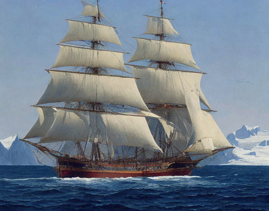 Majestic tall ship with full sails on open sea near icy mountains