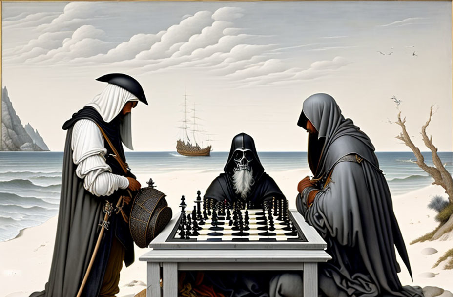 Figures in cloaks play chess by the sea with skull-faced player, ship in background