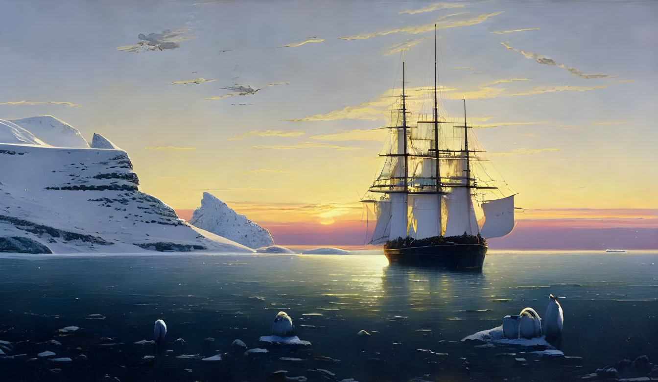 Tall ship sailing through icy waters at sunset with icebergs and penguins