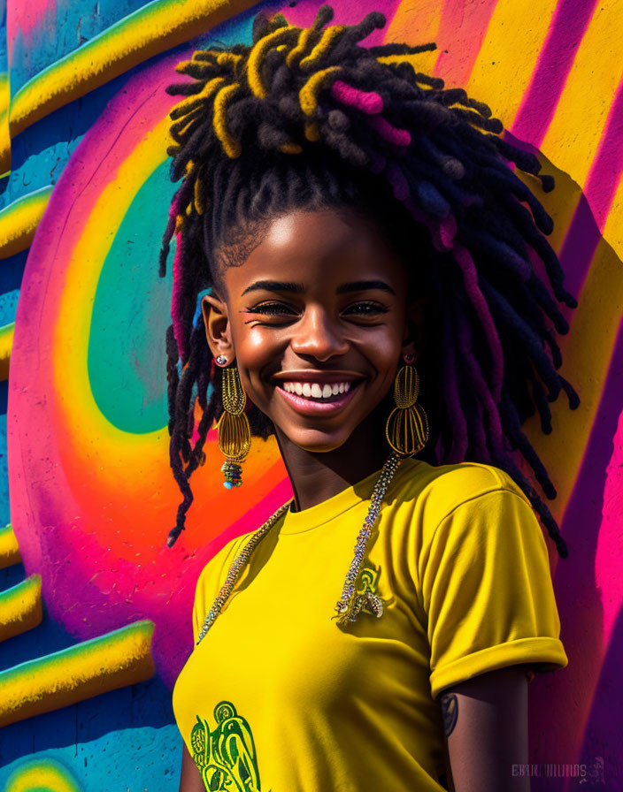 Colorful Dreadlocks Smiling in Front of Graffiti Wall