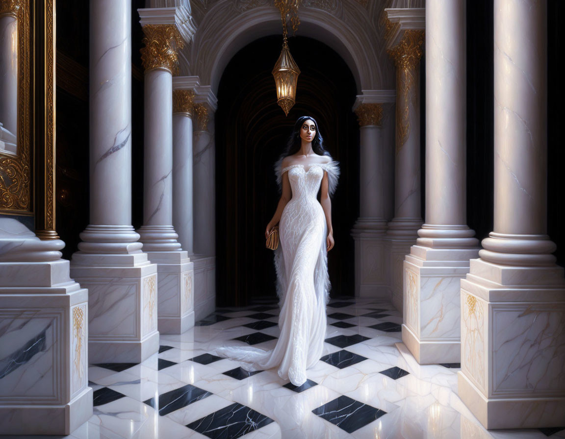 Woman in white gown in elegant hall with marble columns and dramatic lighting
