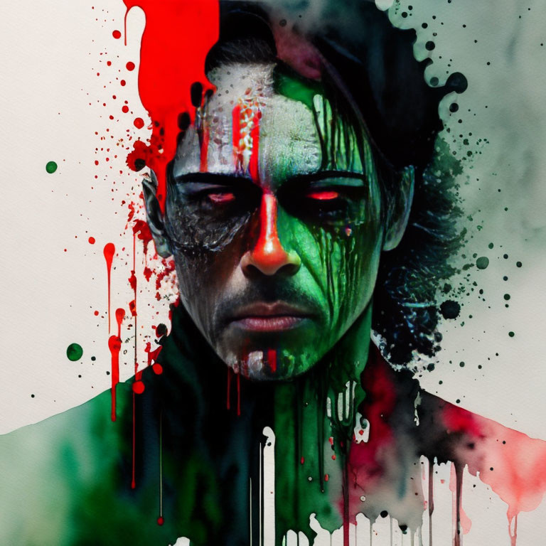 Vivid half-painted face portrait with red and green paint drips