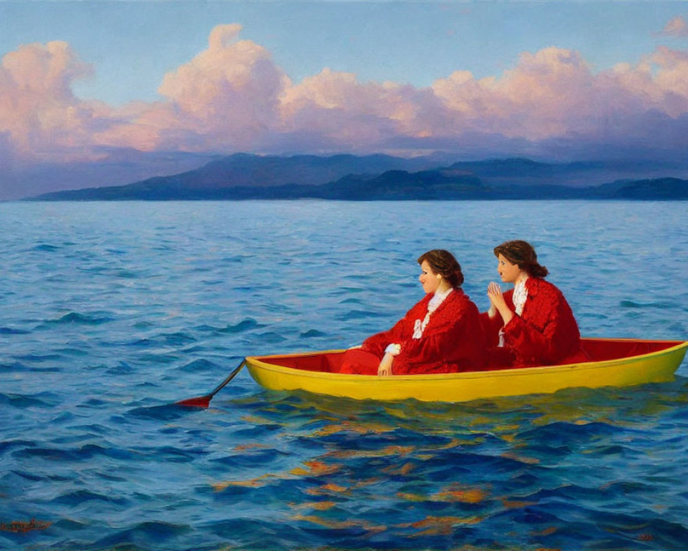 Two Women in Red Dresses Sitting in Yellow Boat on Calm Blue Sea