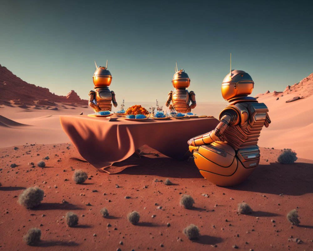 Astronaut-like Figures in Orange Suits Dining in Alien Desert