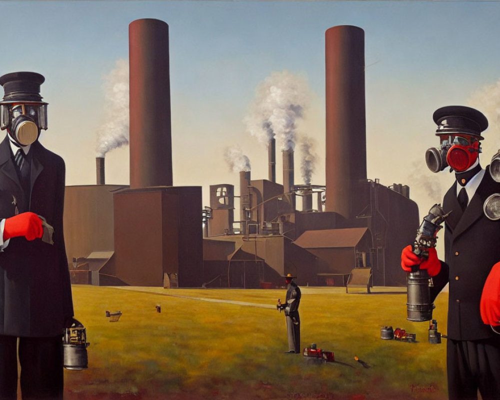 Two Figures in Suits and Gas Masks Amid Industrial Setting