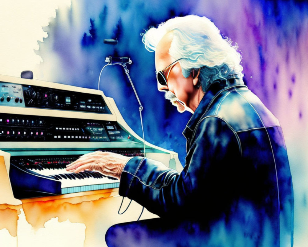 Elderly Man Playing Synthesizer in Abstract Watercolor Scene