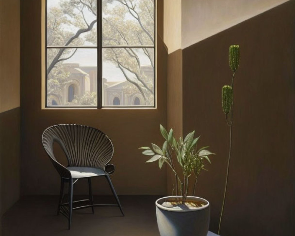 Room with large window, black chair, potted plants, and natural light view.