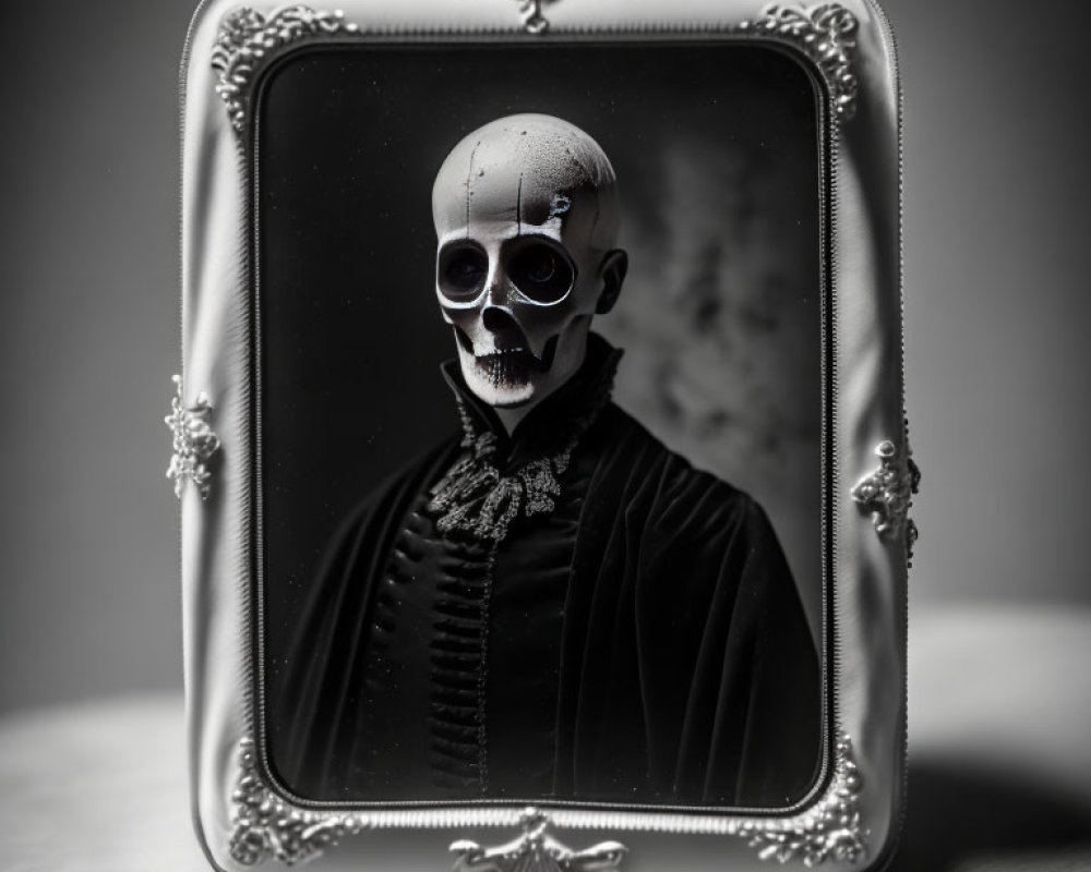 Monochrome skull in dark attire framed in gothic style