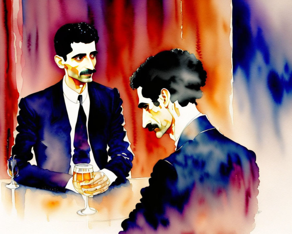 Two men in suits at a bar with beer in hand in colorful watercolor style