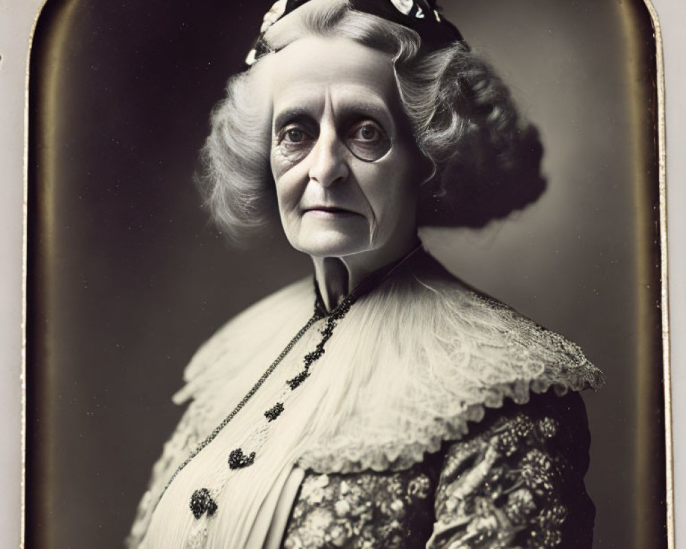 Vintage Portrait of Older Woman in Dark Dress with Lace Collar