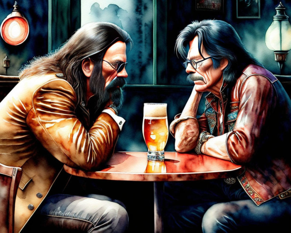 Illustrated Men in Leather Jackets Sharing Beer in Vintage Bar