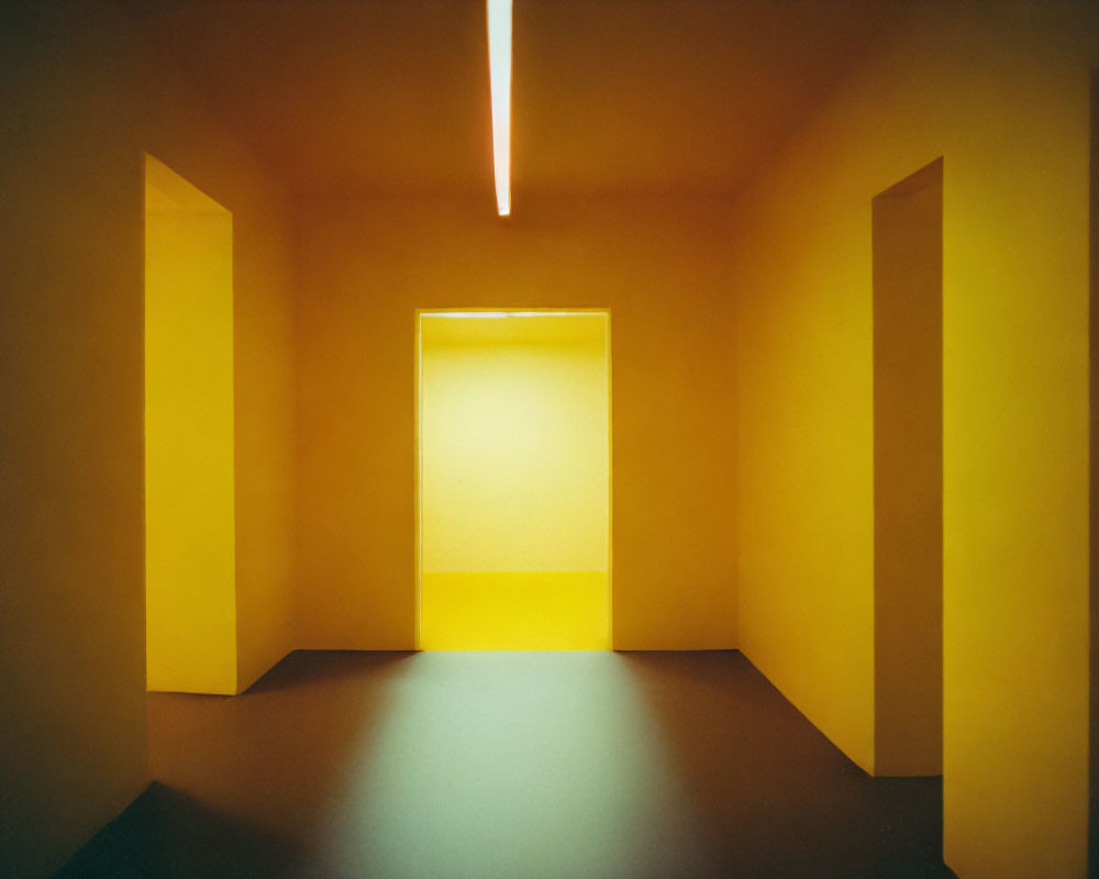 Bright Yellow Minimalist Room with Glowing Doorway