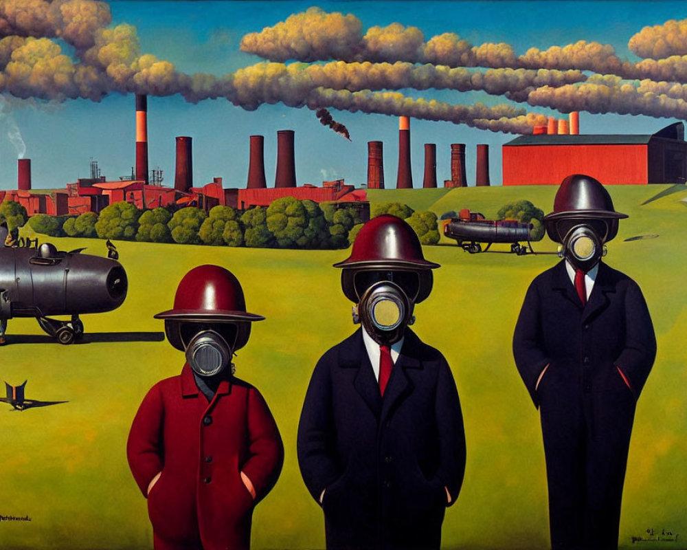 Vintage suits and gas masks on three figures in industrial setting