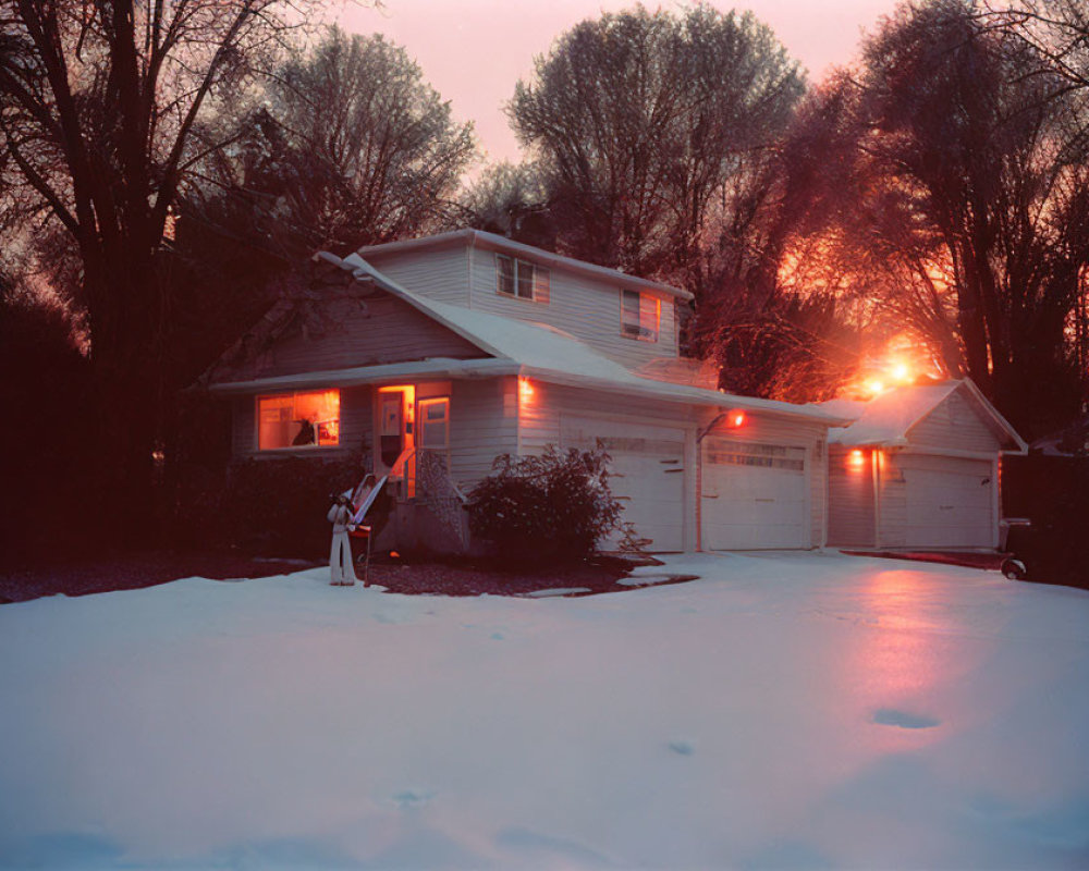 Snow-covered suburban house at dusk with warm lights and glowing sky