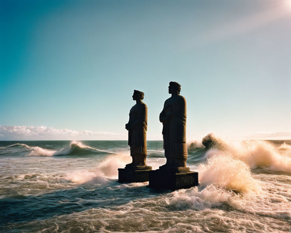 Statues Facing Sea with Crashing Waves on Pedestals