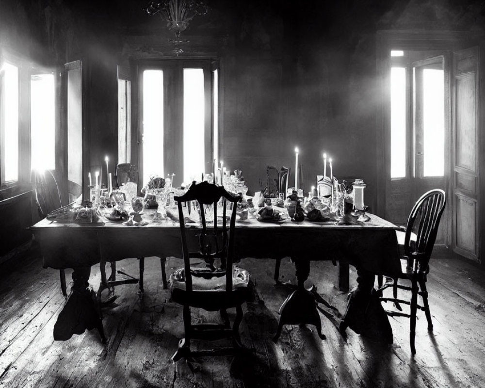 Vintage Dining Room with Long Table Set in Monochrome Photograph