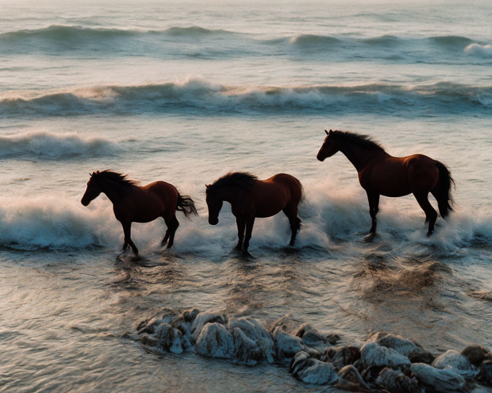 Four horses in shallow sea water at sunset or sunrise