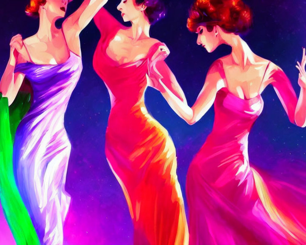 Colorful Stylized Women Dancing in Flowing Dresses