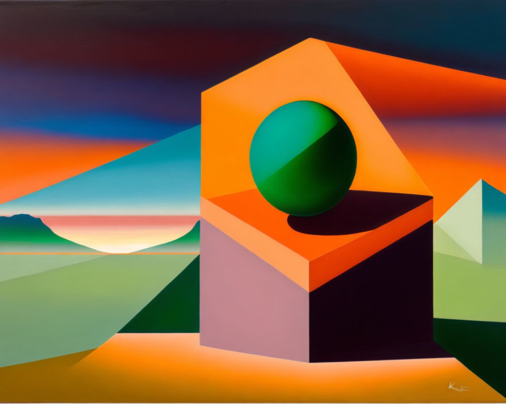 Geometric surreal landscape painting with green sphere on orange hexagon