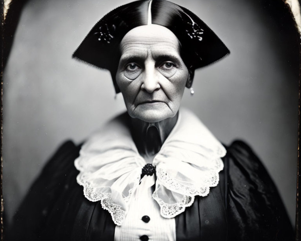 Monochrome portrait of stern elderly woman in dark dress