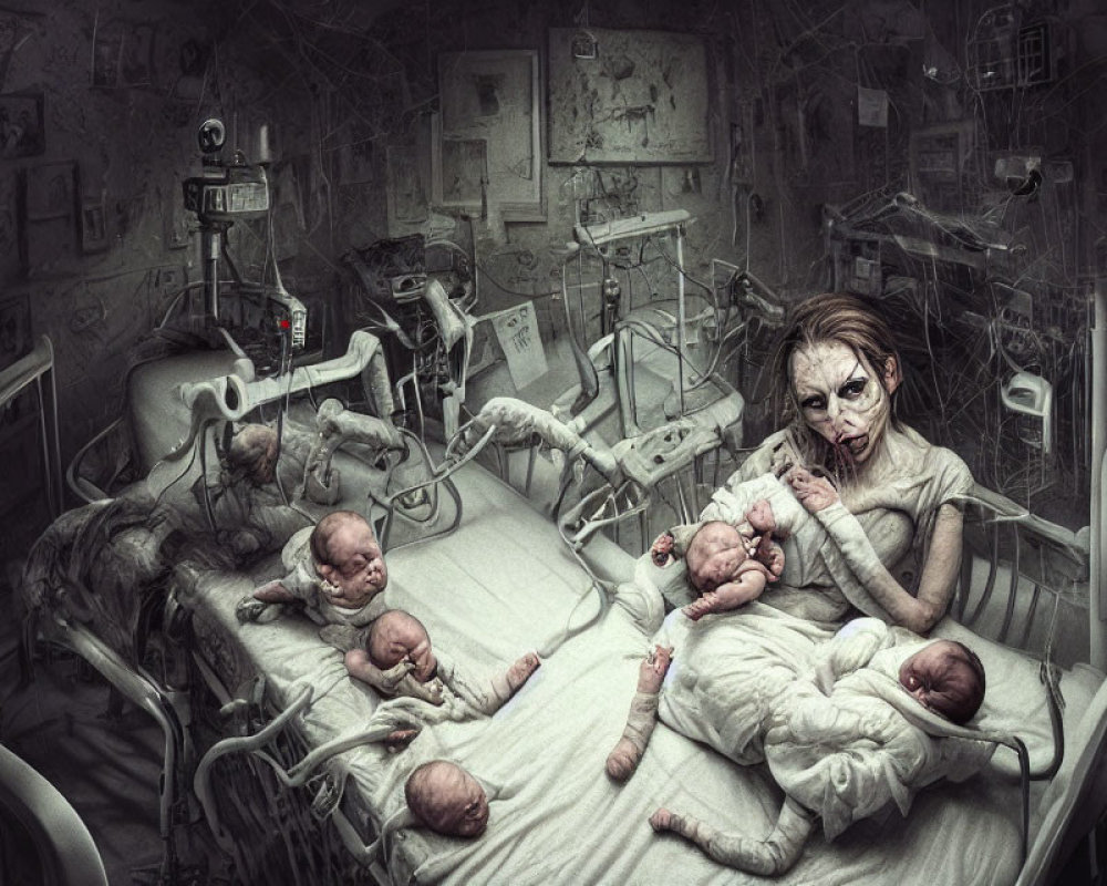 Eerie post-apocalyptic hospital scene with gaunt figures