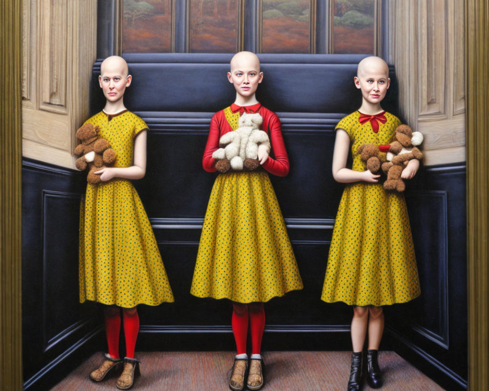 Three identical girls in yellow polka-dot dresses and red tights, holding teddy bears by a