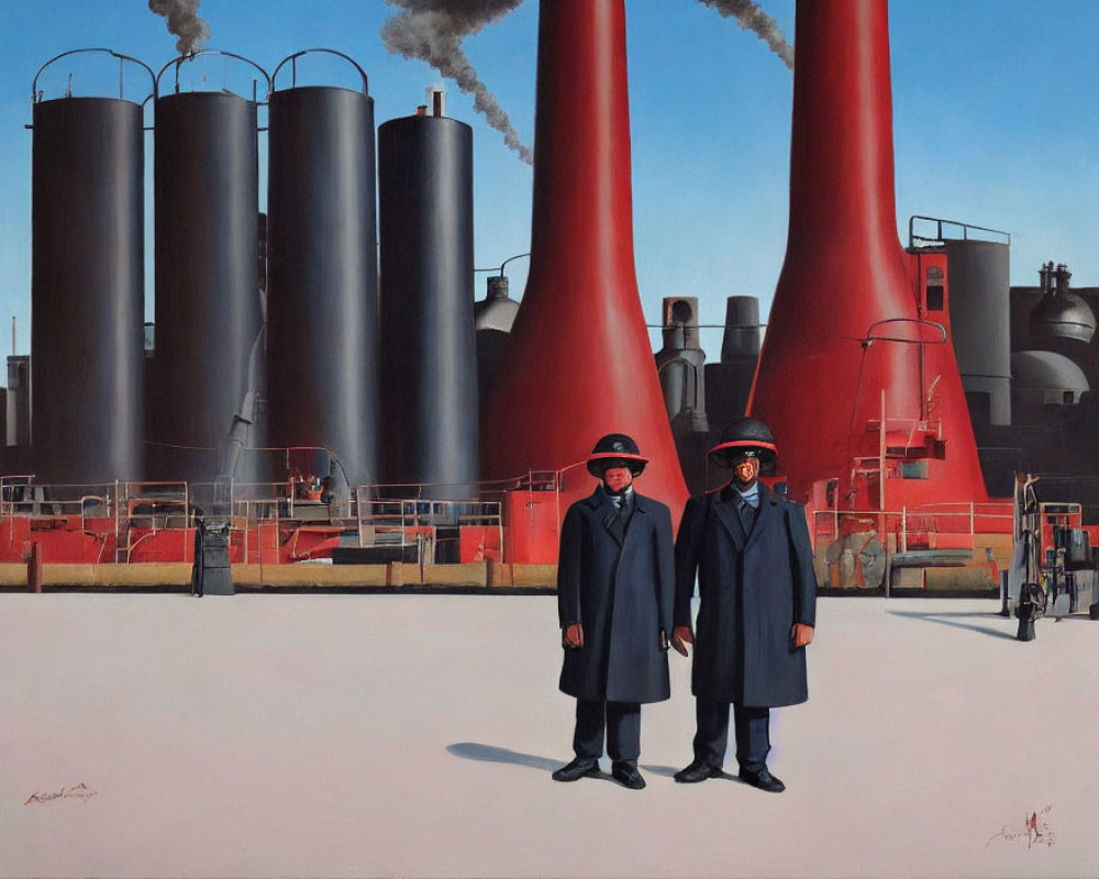 Two people in suits and bowler hats in front of industrial backdrop.