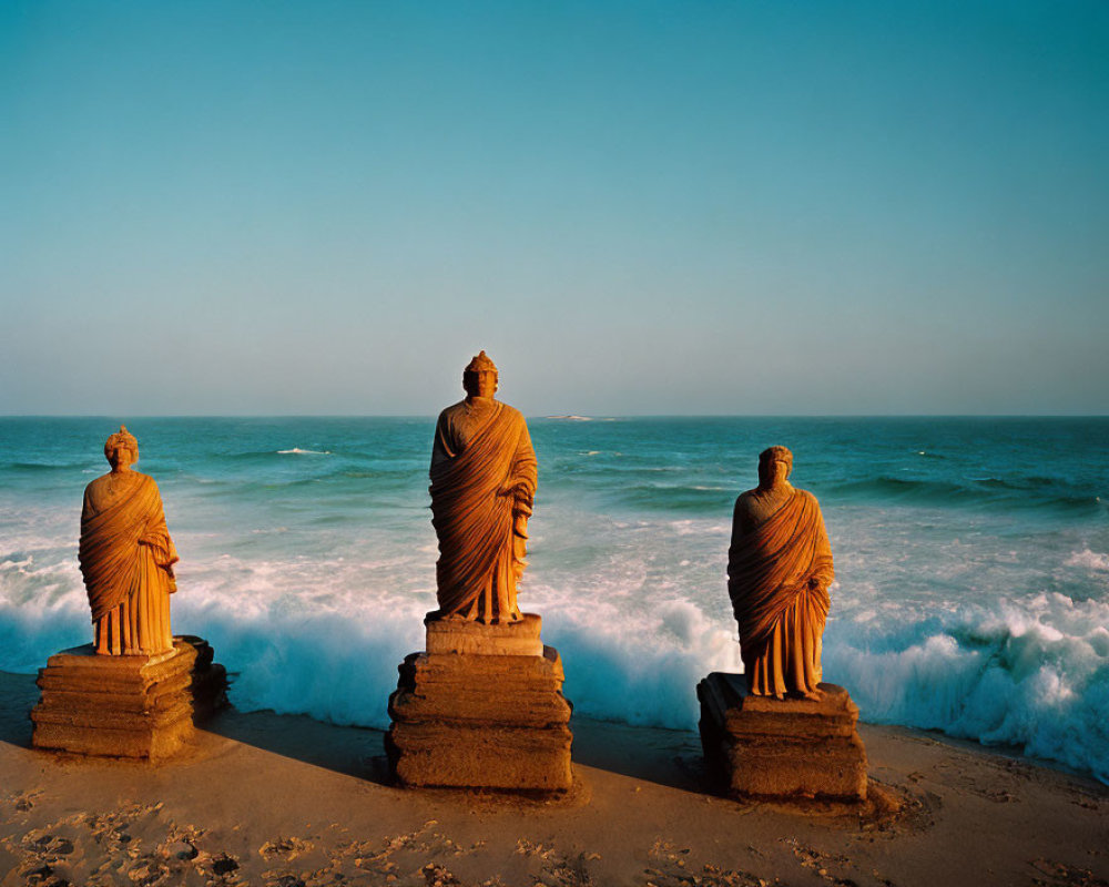 Statues of robed figures by the sea with crashing waves under clear sky