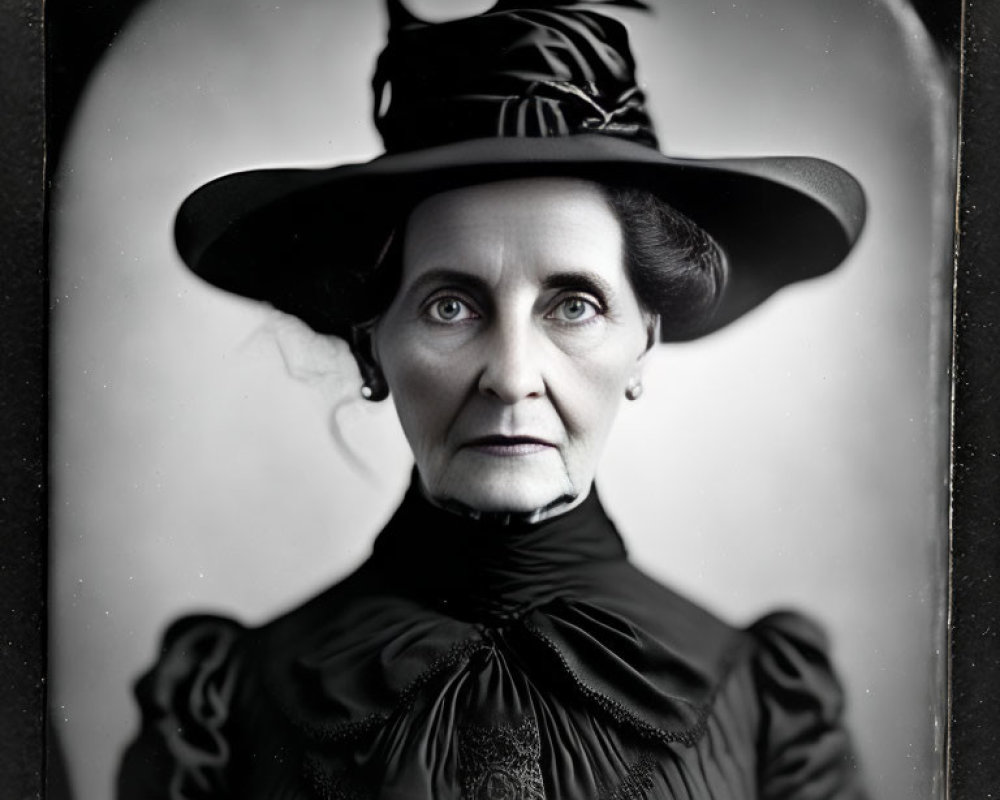Vintage Black Attire Woman with Intense Gaze and Hat